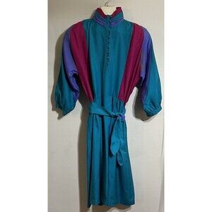 Vintage silk Studios dress 80s multicolor color block belted maxi Colorful F